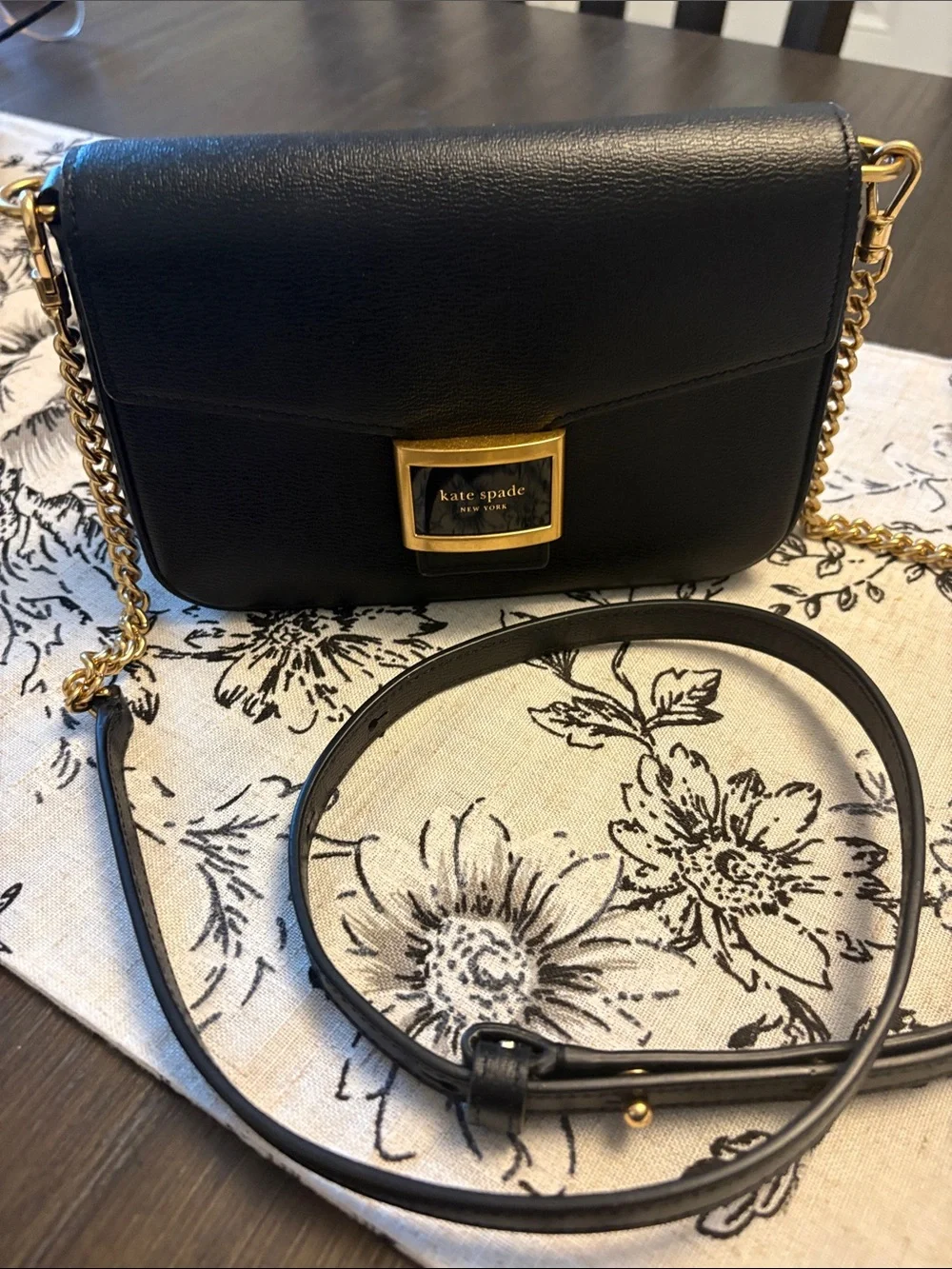 kate spade “Katy” Black Leather Crossbody with Gold Chain Detail